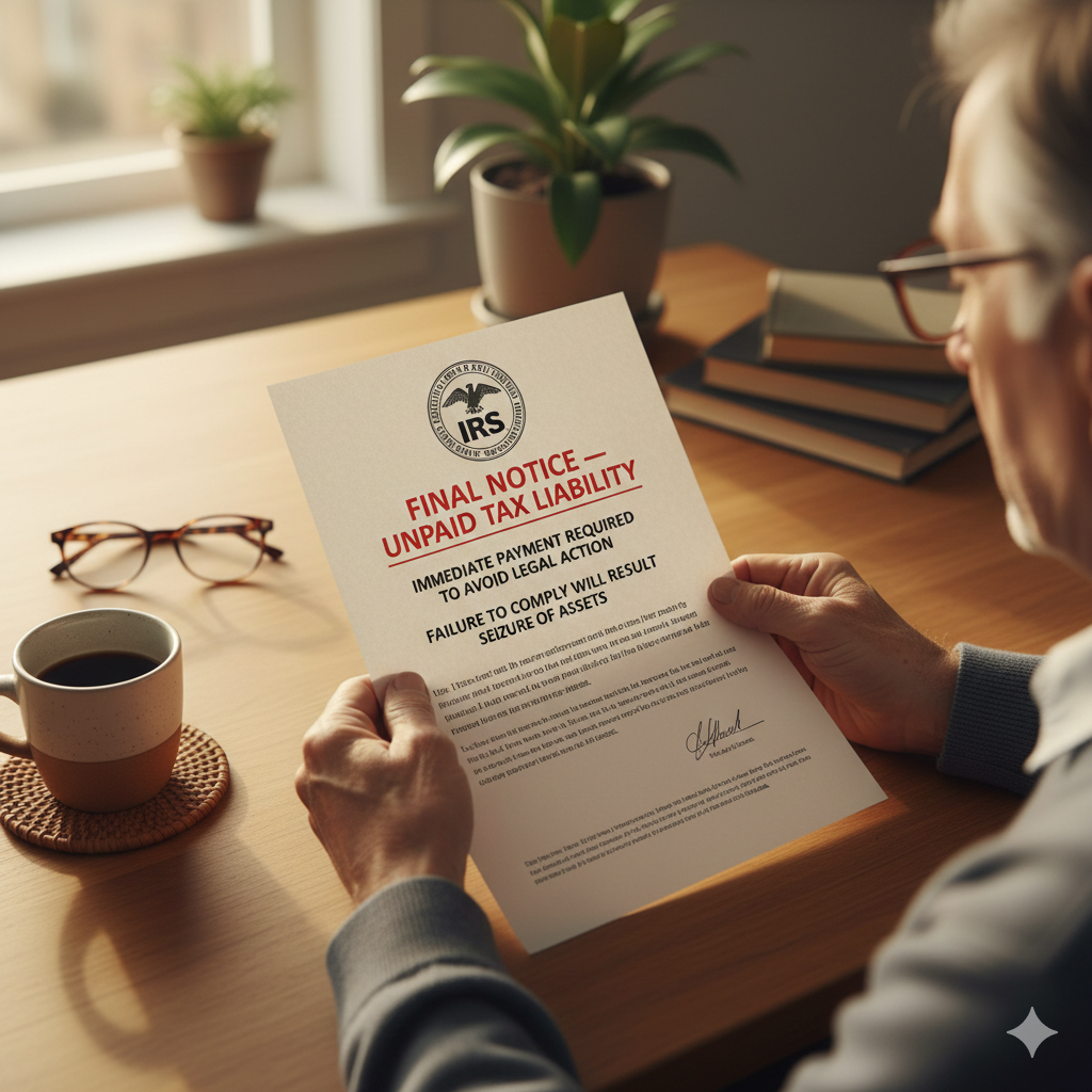 An older person holding a fake IRS scam letter demanding immediate payment